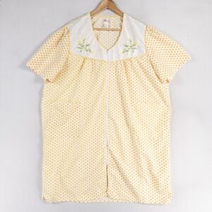 Casual Nights Housedress Duster Womens 2X Yellow Polka Dot Pockets Zip Front